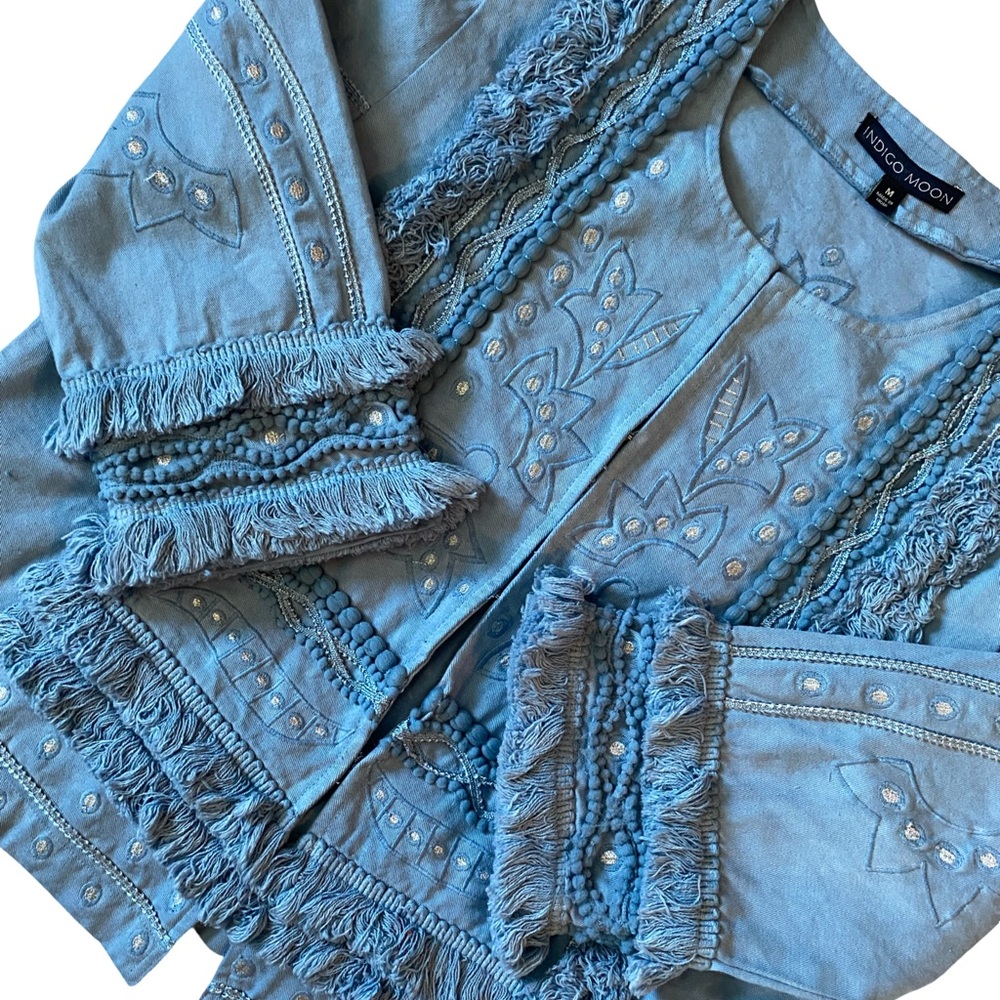 Indigo Moon Embellished Pom Pom Metallic Eclectic Jacket Taylor Swift Fringe M